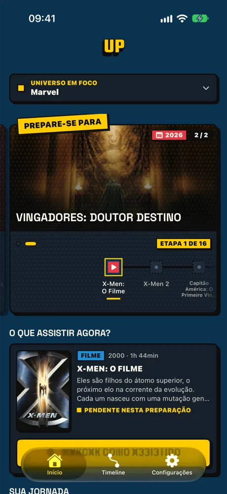 Tela inicial do UP com a jornada “Vingadores: Doutor Destino” e o próximo filme a assistir