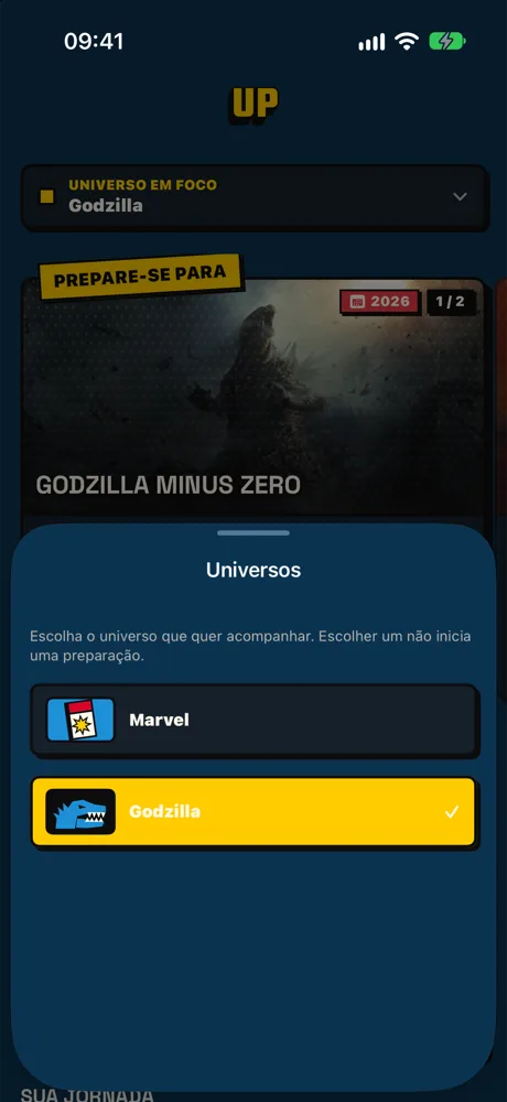 Seletor de universos do UP com Marvel e Godzilla