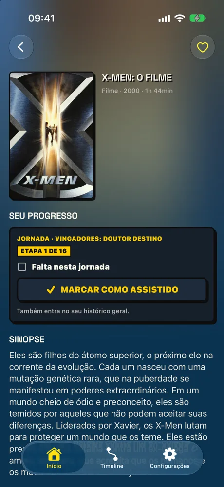 Ficha de X-Men: O Filme com o progresso da jornada e o botão Marcar como assistido