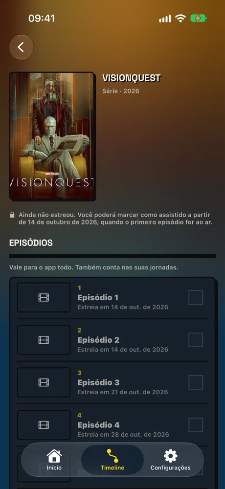 Ficha da série VisionQuest com aviso de que ainda não estreou e lista de episódios